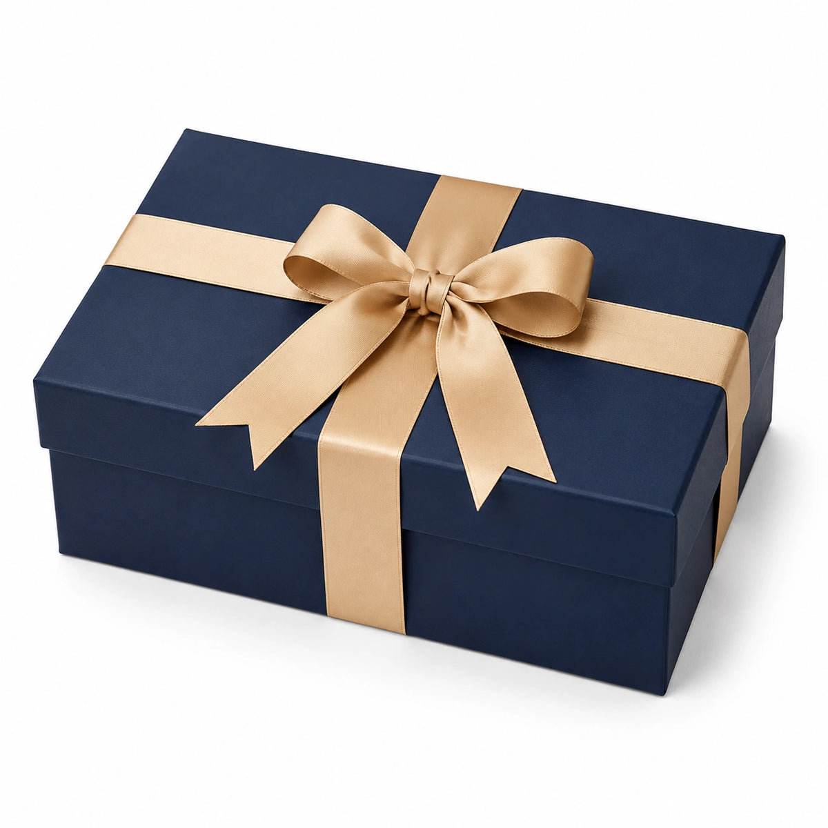 Geschenkbox 25 x 20 x 10 cm aus Karton in Dunkelblau mit goldfarbenem Satinband - rechteckig mit Schleife