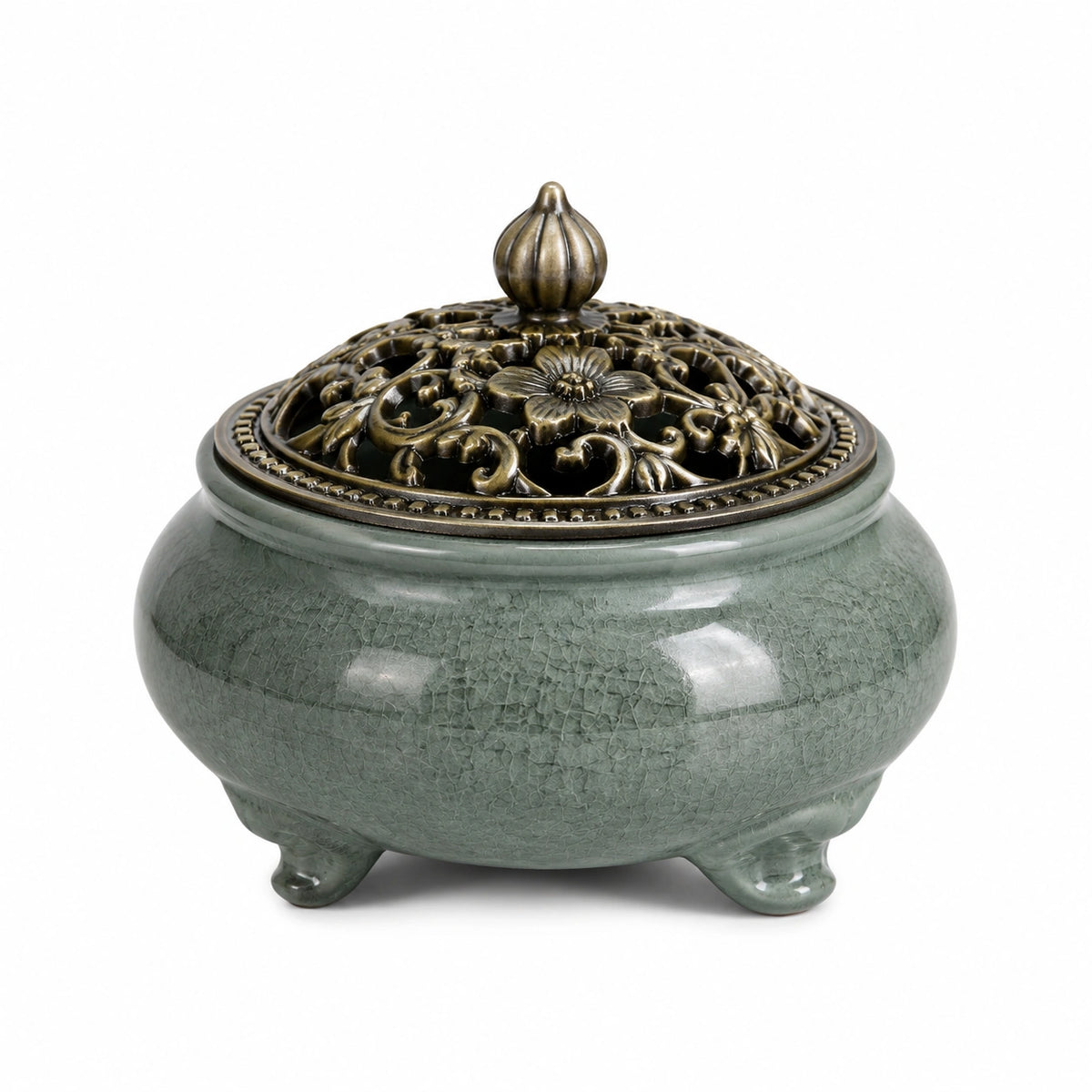 Räuchergefäß 15 cm Keramik Grün mit Metall Deckel im Ornamentstil