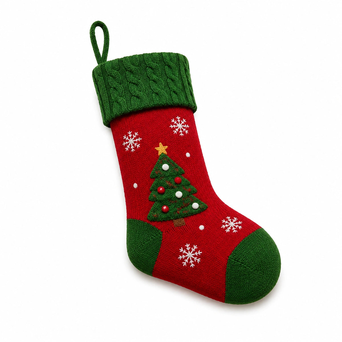 Weihnachtsstrumpf 45 cm aus Stricktextil Rot Grün zum Aufhängen mit Tannenbaum Motiv