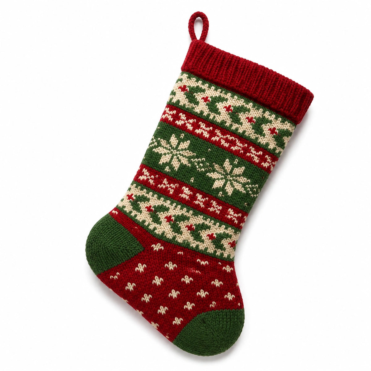 Weihnachtsstrumpf 45 cm aus Strick in Rot Grün Creme mit Aufhängeschlaufe