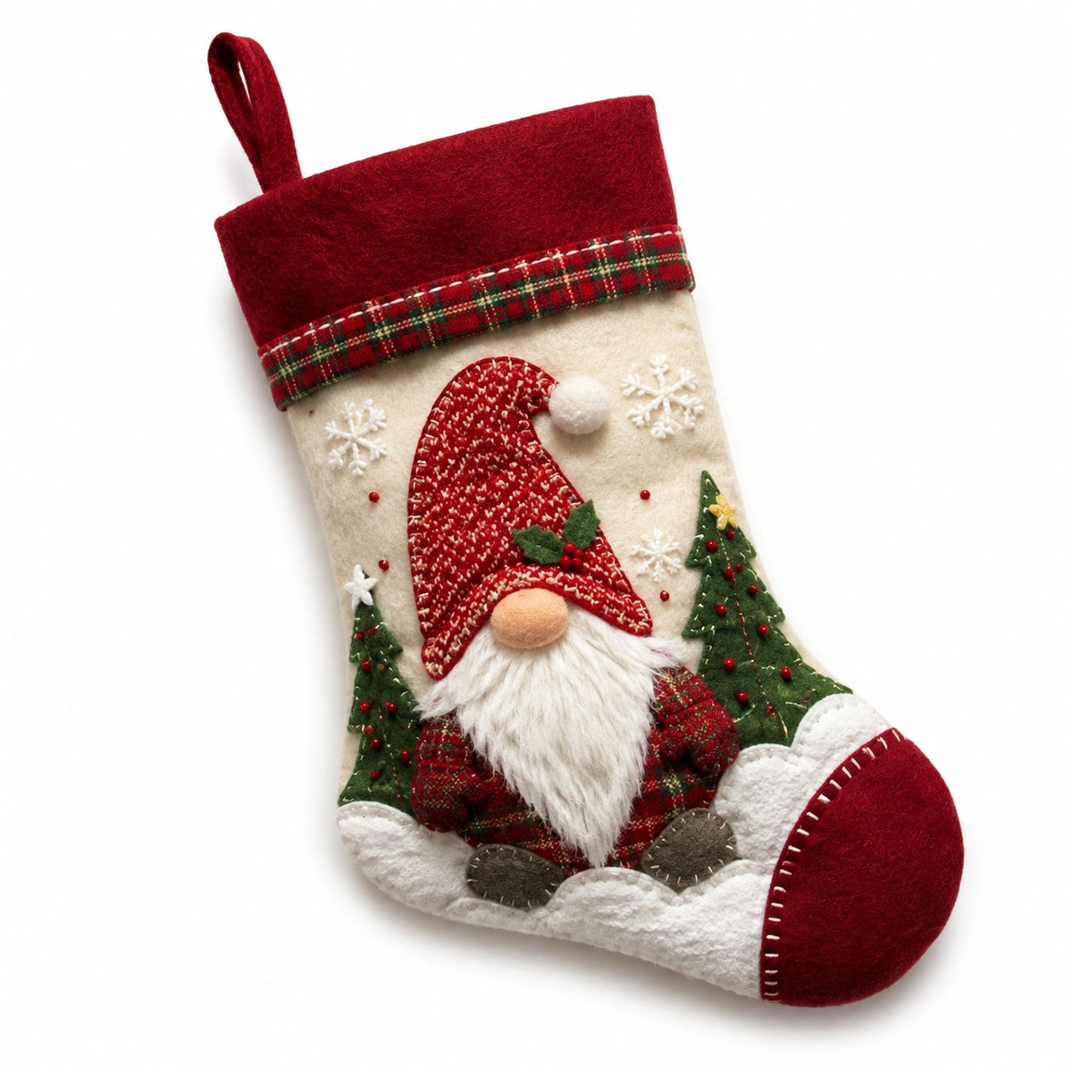 Weihnachtsstrumpf 45 cm aus Textilfilz Rot Creme mit Wichtelmotiv zum Aufhängen
