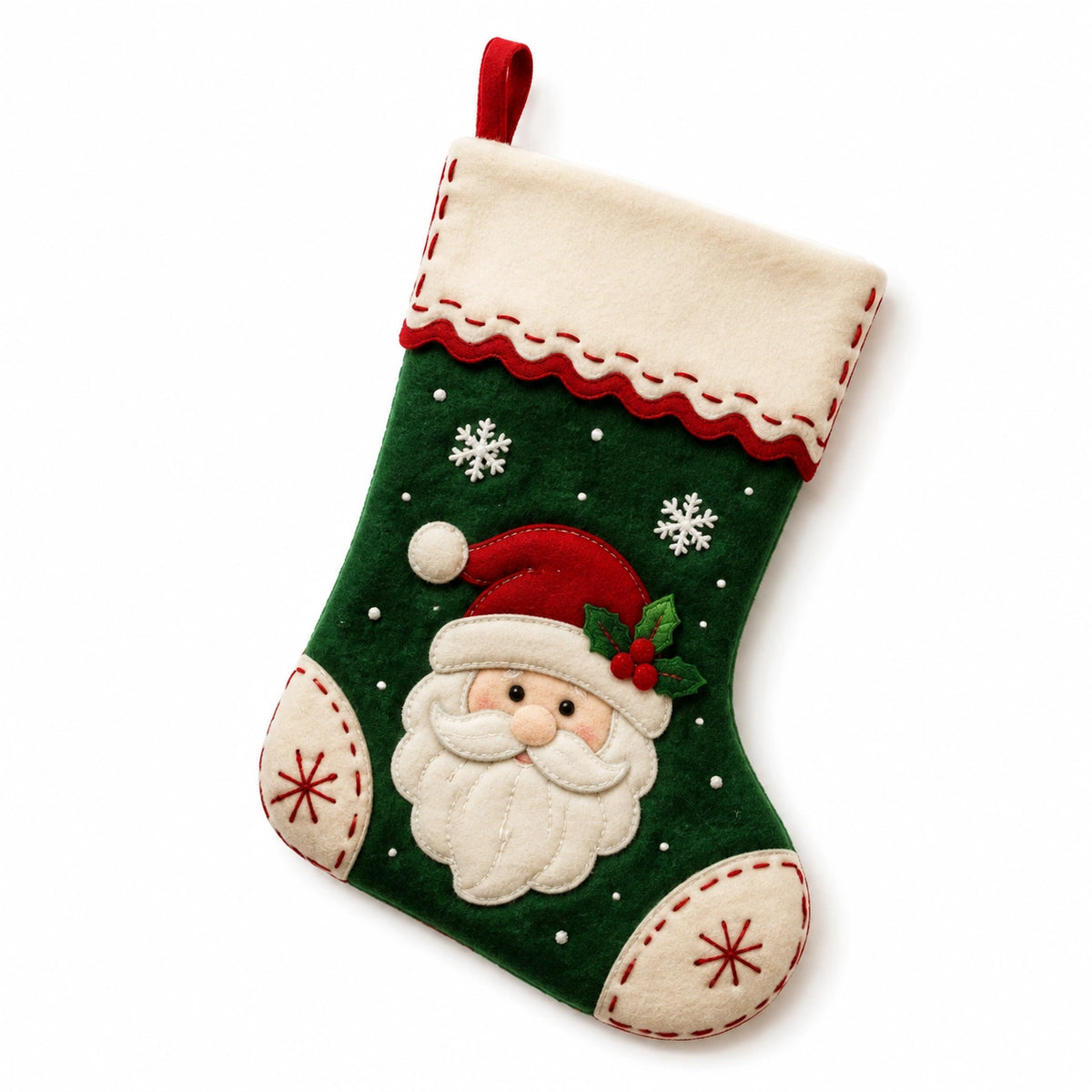 Weihnachtsstrumpf 45 cm aus Filz Grün Creme Rot zum Aufhängen mit Weihnachtsmannmotiv