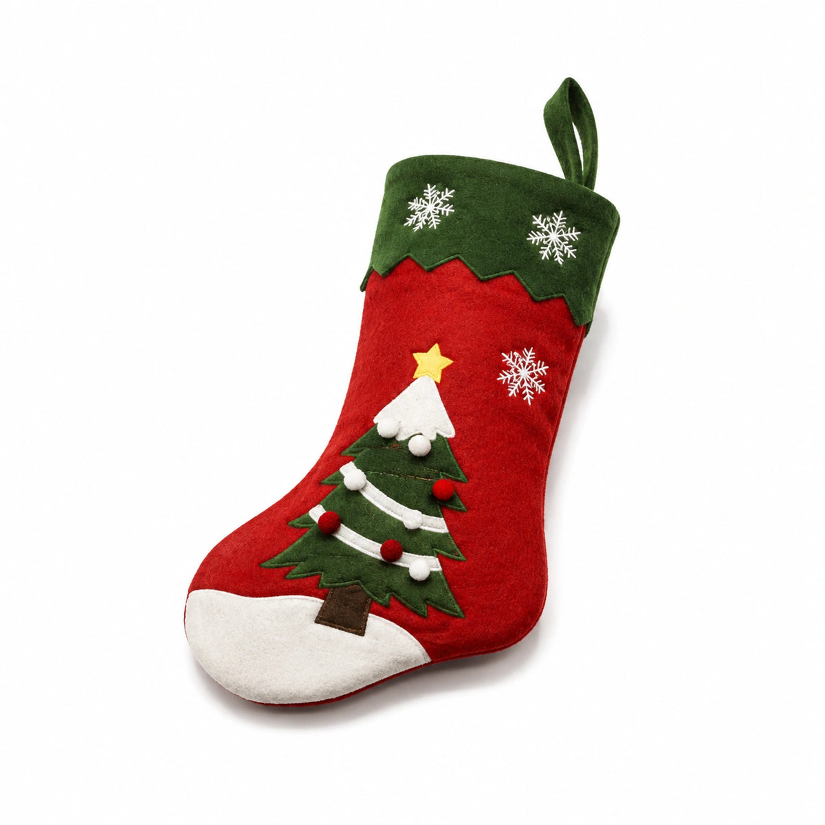 Weihnachtsstrumpf 45 cm aus Filz Rot Grün mit Aufhängeschlaufe und Tannenbaum Motiv